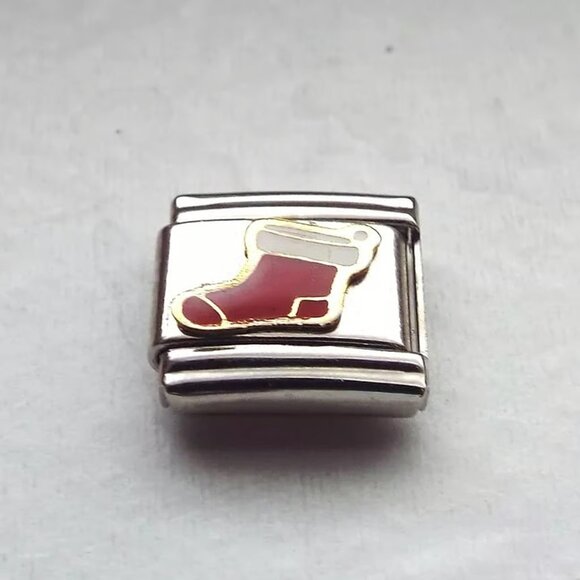 Enamel holiday stocking 9mm stainless steel Italian charm bracelet link new - Picture 1 of 2
